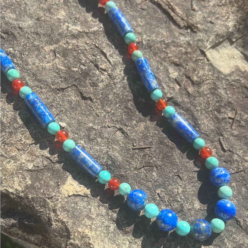 Vintage Lapis Blue, Turquoise & Carnelian Beaded Necklace